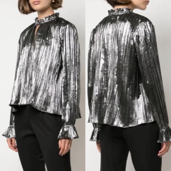 Jonathan Simkhai Metallic Plisse Ruffle-neck Long-sleeve Top In Silver - Picture 1 of 5